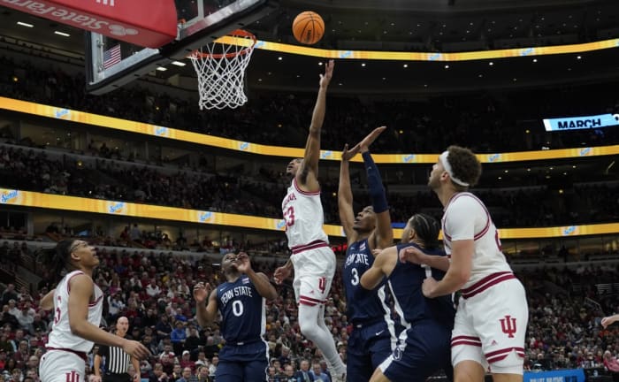Nittany Lions forward Kebba Njie (3) defends Indiana Hoosiers guard Tamar Bates (53) during the first half at United Center.
